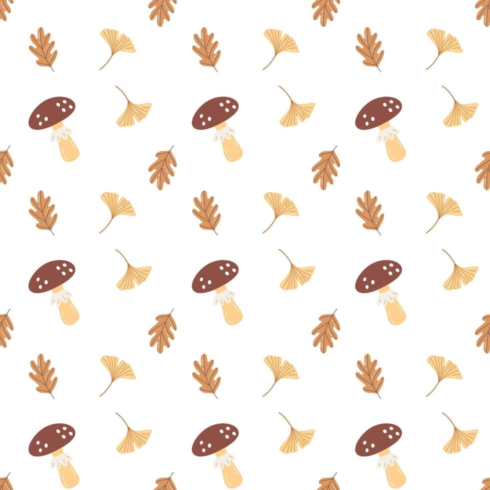 Cute seamless pattern with hand drawn mushrooms and autumn leaves. Warm fall colors and cozy forest vibe. Perfect for seasonal design, textile, and packaging. vector