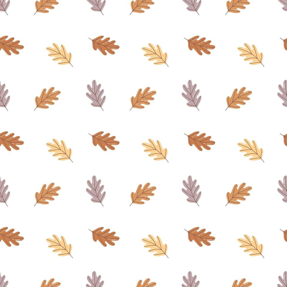 Cute seamless pattern with autumn oak leaves in warm fall colors. Hand drawn style on a white background. Great for seasonal designs, textiles, and paper products. vector