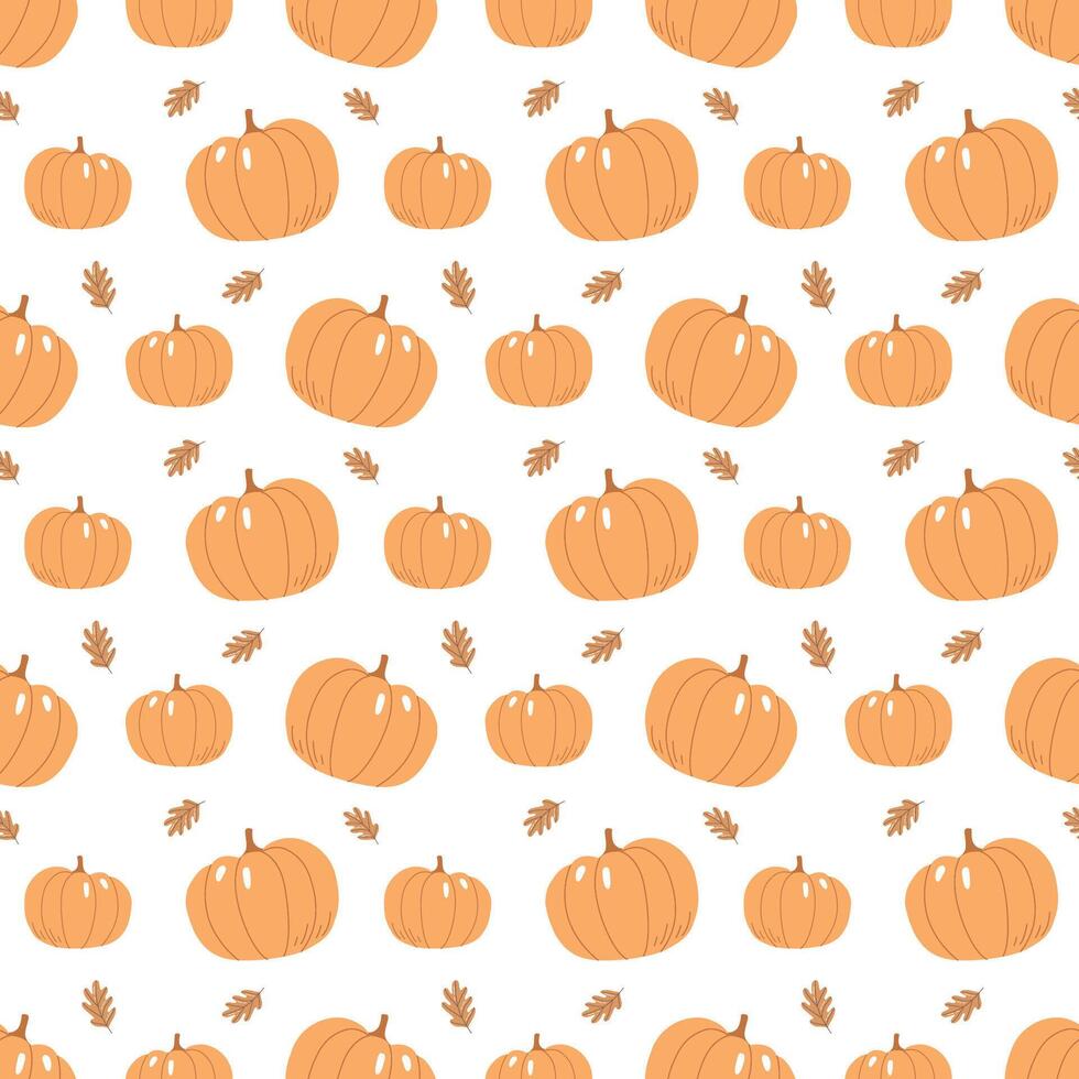 Seamless pumpkin pattern with oak leaves on white background. Perfect for autumn, Halloween, and Thanksgiving design. Bright, festive, and seasonal illustration. vector