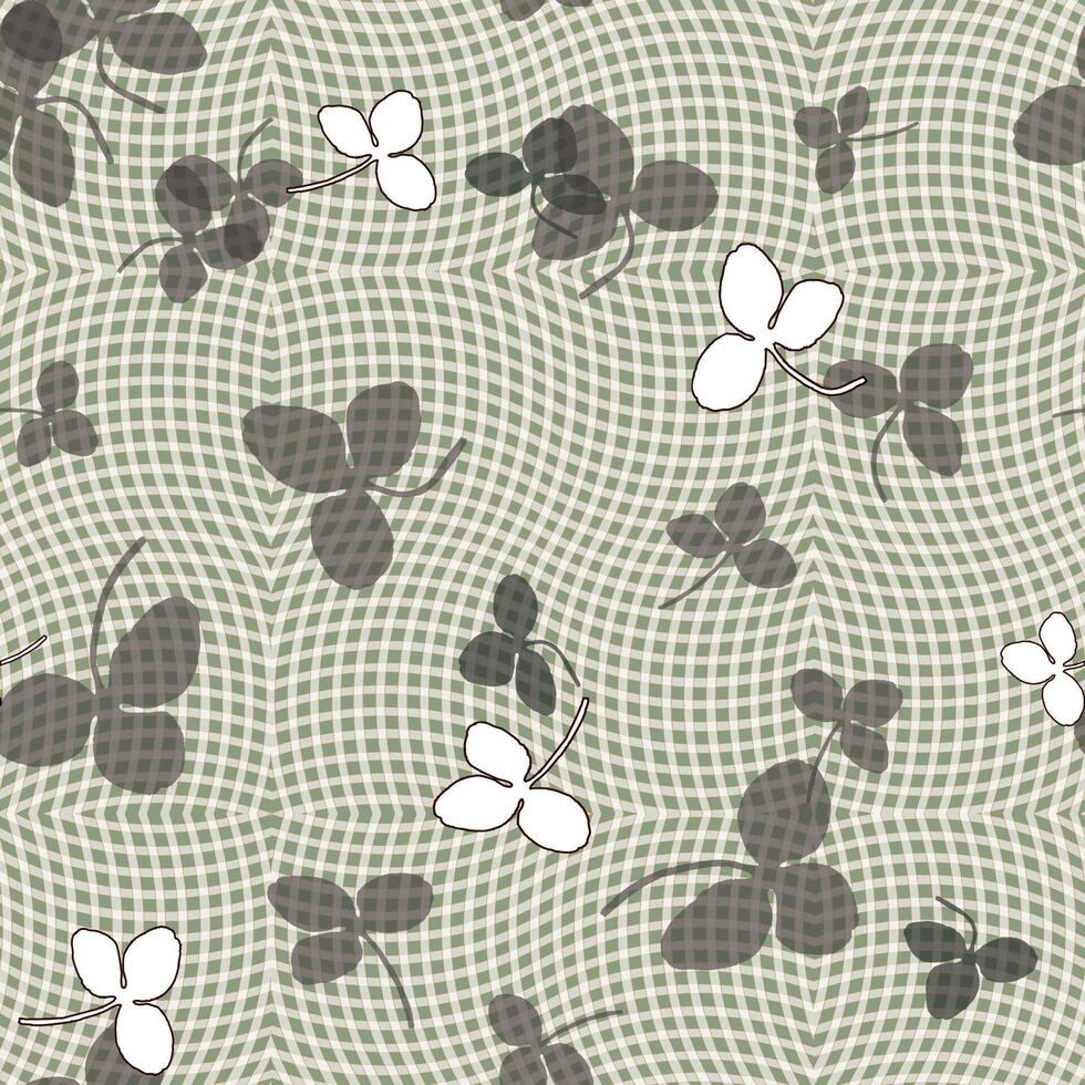Pattern of wildflower tea collection, muted green irregular plaid gingham, skatered of white, gray transparent clover leaves. vector