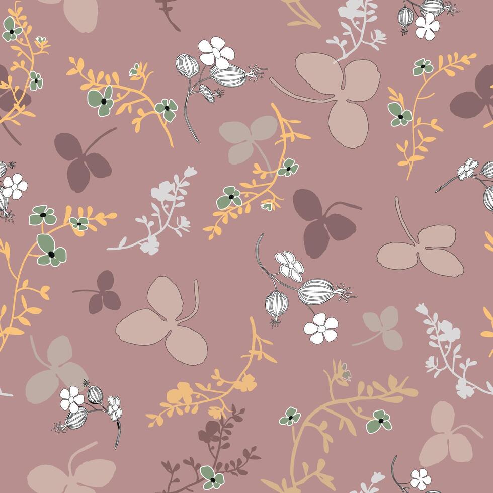 Pattern of wildflower tea collection, pastel, muted colors wildflower bouquets and scattered flowers, leaves, twigs silhouette pattern on nude pink background. vector
