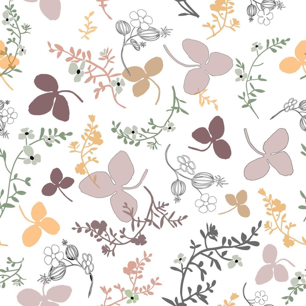 Pattern of wildflower tea collection, caramel brown, muted pink, nude, pastel green colors wildflower bouquets and scattered flowers, leaves, twigs silhouette pattern on white neutral background. vector