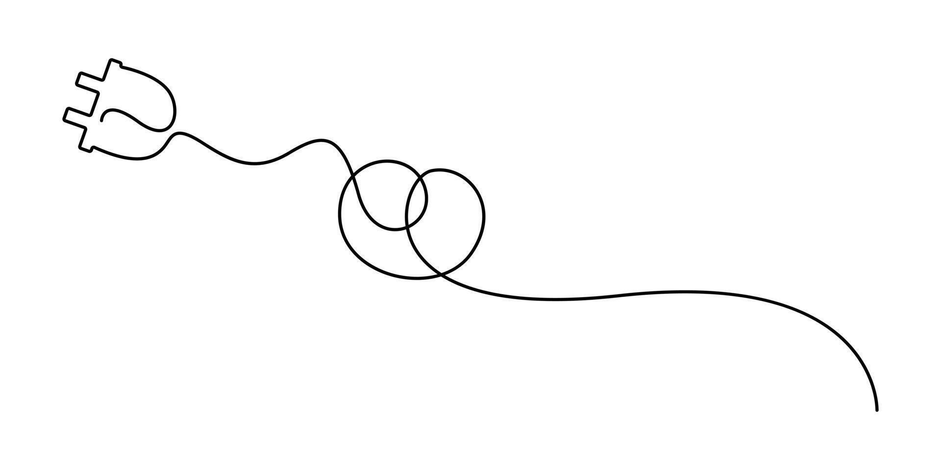 Continuous one line art plug energy power storage electric rechargeable supply, Single line drawing of plug inserting into electric outlet. Power socket energy disconnect graphic illustration vector