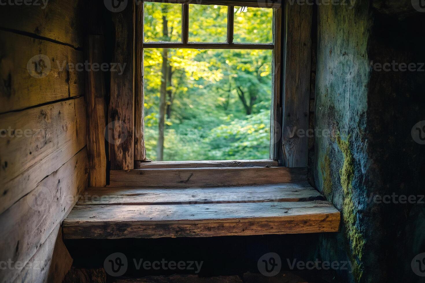 Old wooden window overlooking a green forest in a weathered room photo