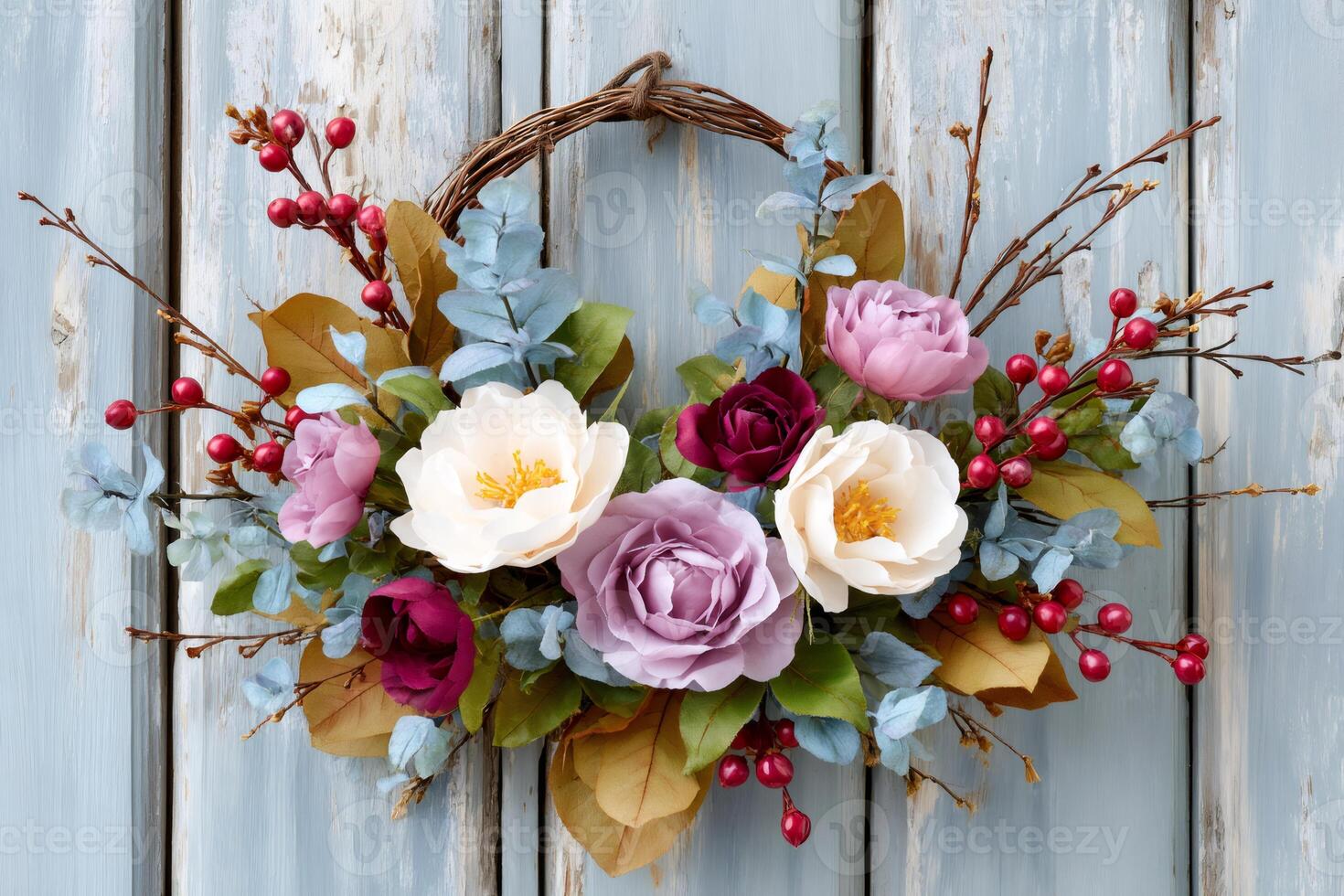 Decorative fall wreath hanging on rustic wooden door photo
