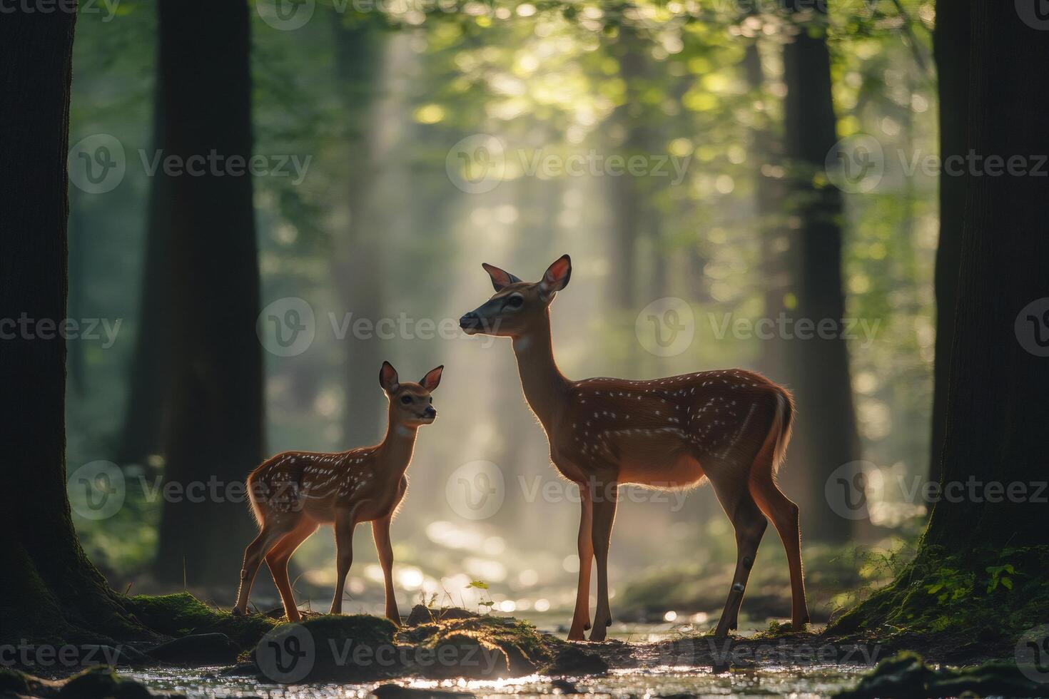 White-Tailed Deer Fawn and Doe Standing in Forest at Sunrise photo