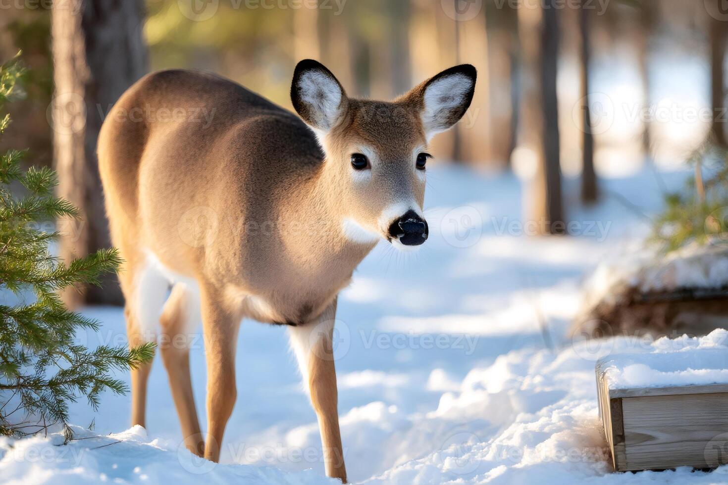 White-tailed deer walking in the snow in a winter forest photo