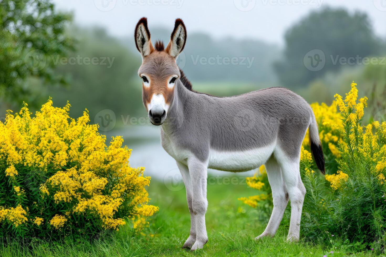 Cute donkey foal standing in a field with yellow flowers photo