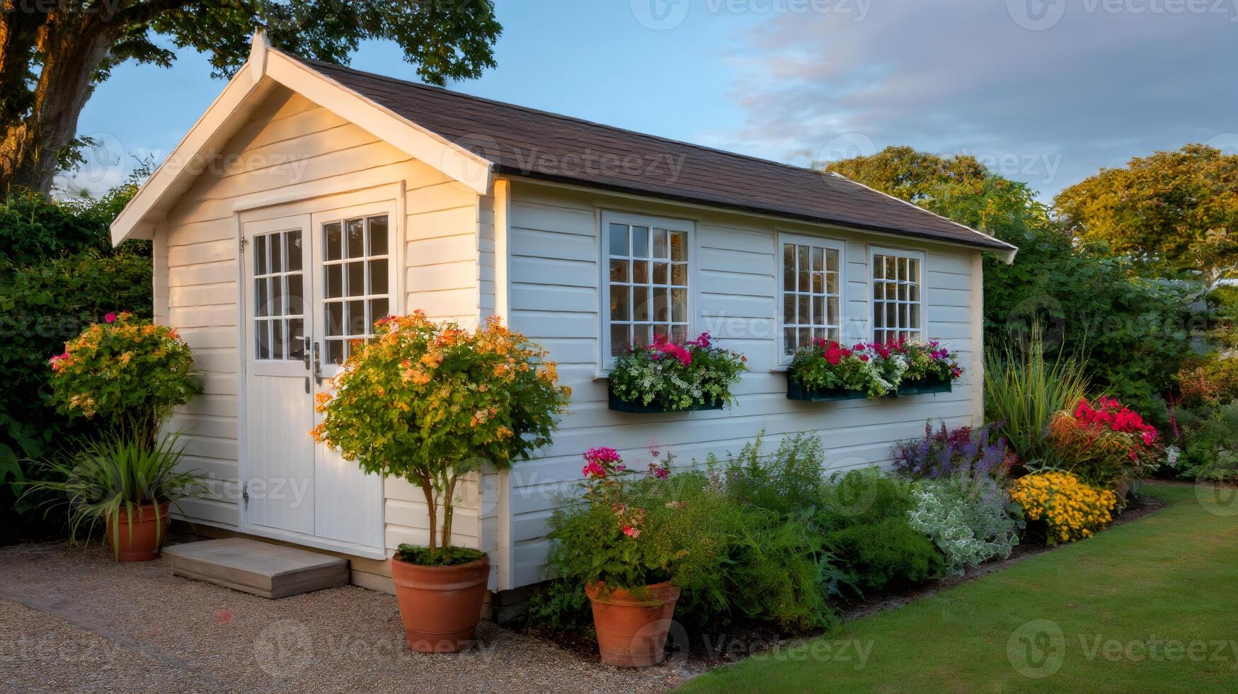 White garden shed with flower boxes blooming in a beautiful garden photo