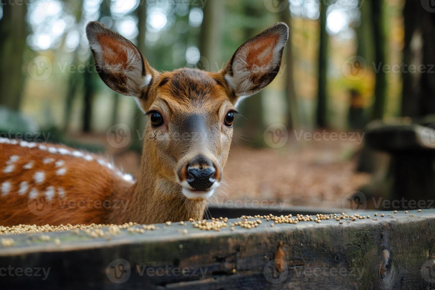 Young sika deer eating from wooden trough in autumn forest photo