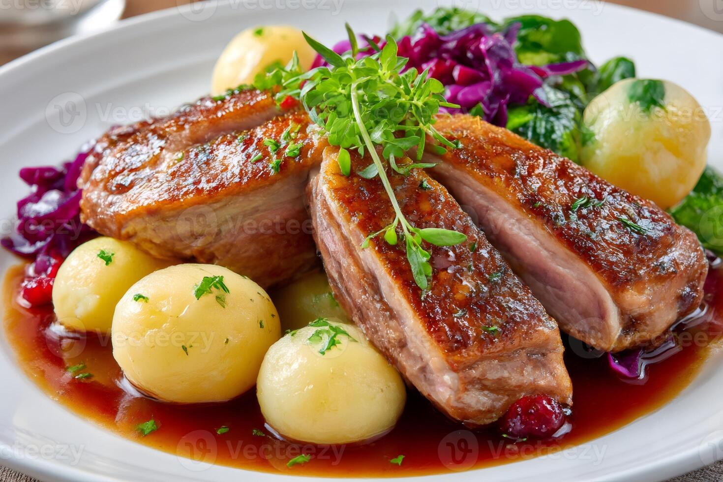 Roasted duck breast with potatoes and red cabbage lying on white plate photo