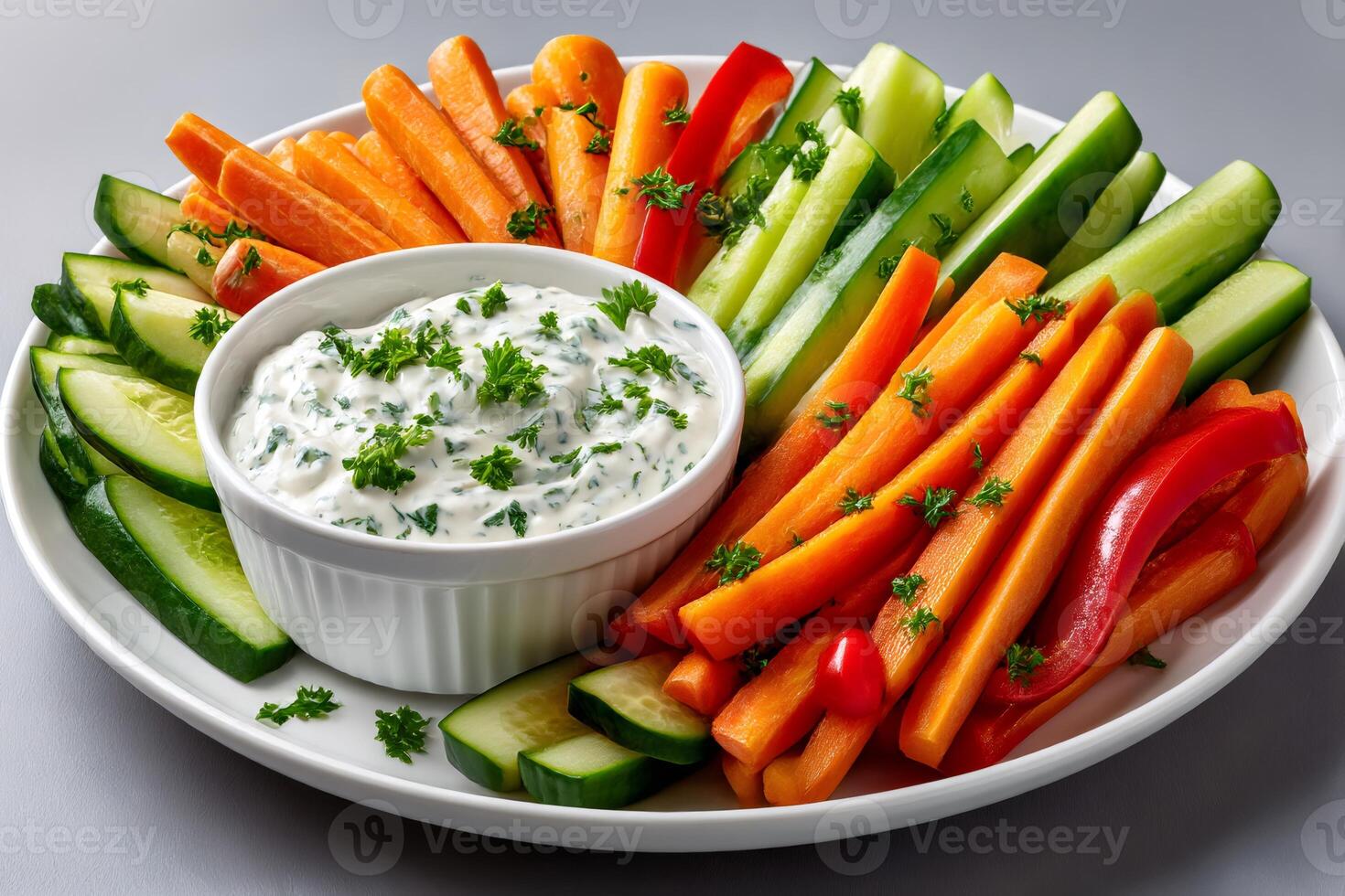 Vegetable sticks with yogurt dip garnished with parsley on white plate photo