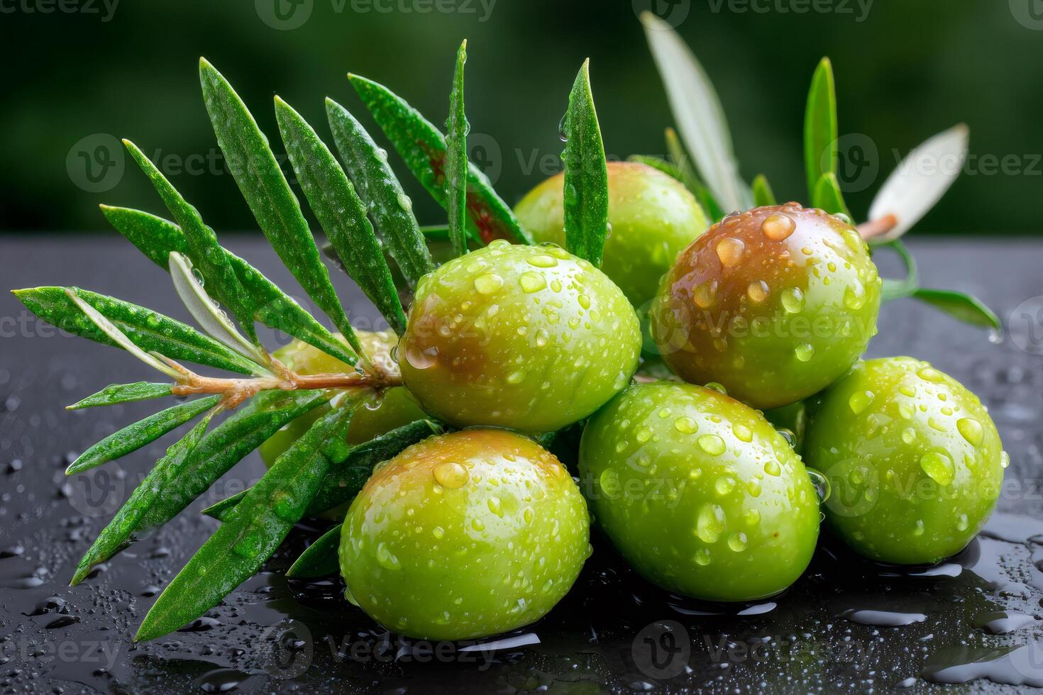 Close-up of wet green olives with leaves, creating a fresh and vibrant image photo