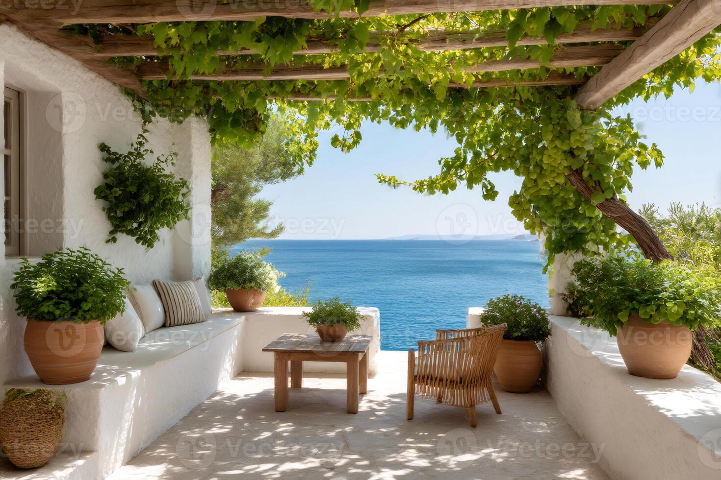 Mediterranean terrace overlooking the sea with plants growing on pergola photo