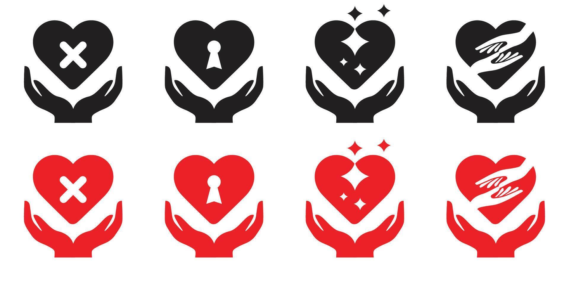 Heart Icon Set Care, Protection, Loss, and Unity. Black and Red Variations. Minimalist, Symbolic, Vectors Graphics. Perfect for Charity, Healthcare, or Relationship Concepts.