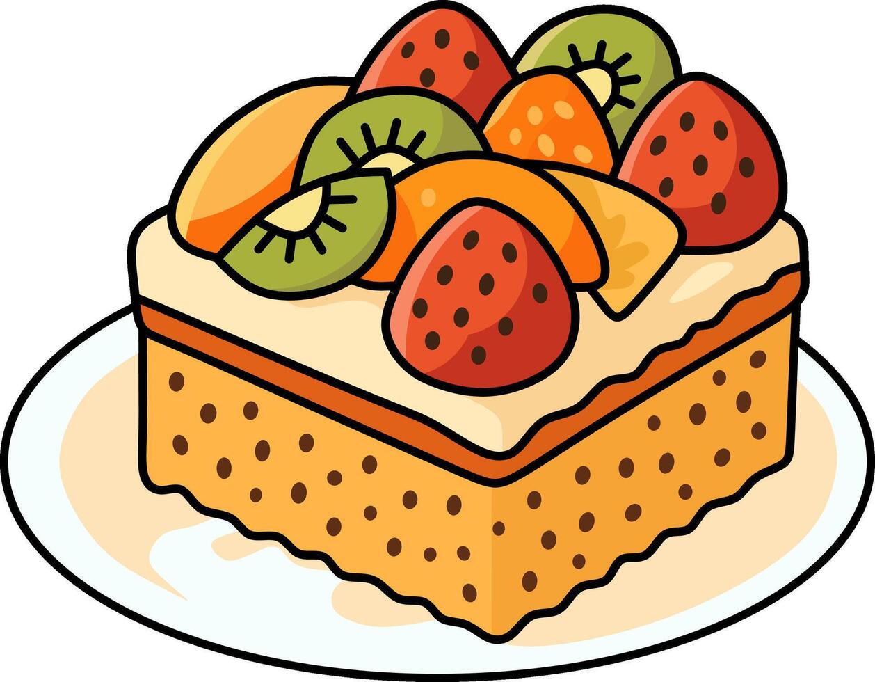 Fruit Cake Slice with Cream and Mixed Fruits vector