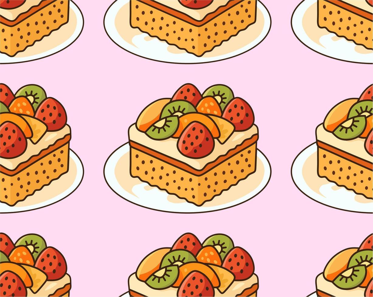 Pattern Seamless Fruit Cake Slice with Cream and Mixed Fruits vector