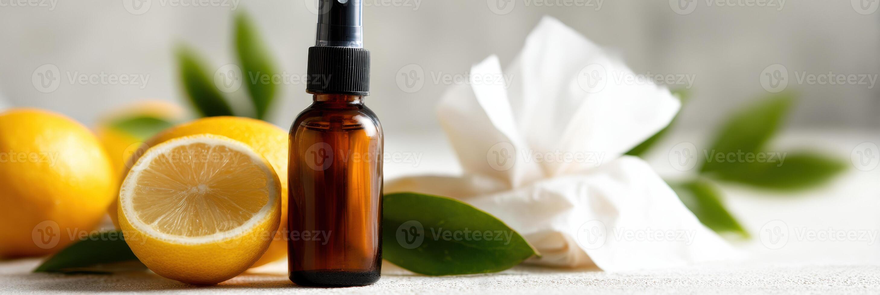Close-up View of Nose Spray, Tissues, and Fresh Lemons on a Clean White Surface During Cold and Allergy Season photo