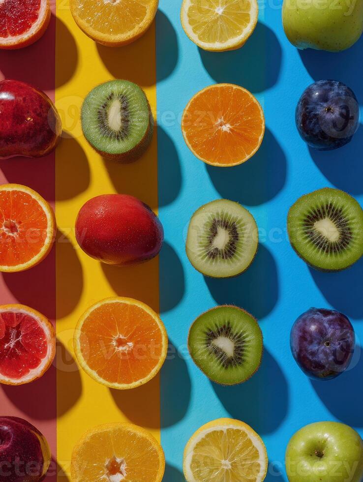 Color-matching Arrangement of Fruits Displaying a Gradient of Hues With an Open Top Third Against a Bold Colorful Background photo