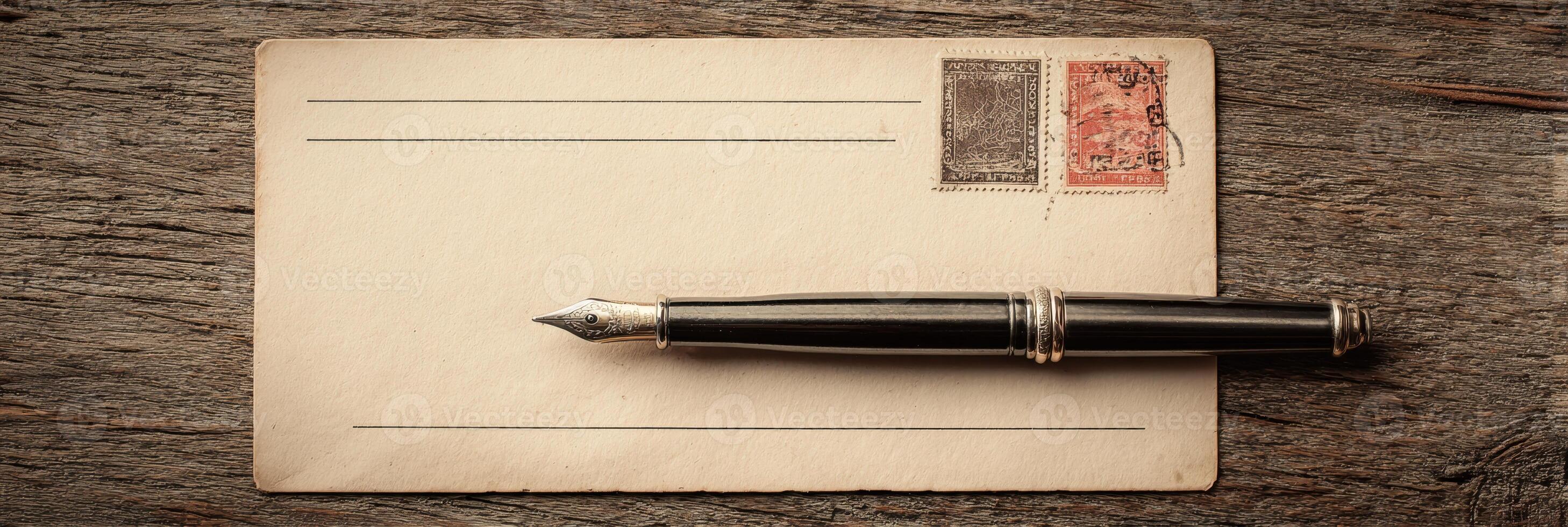 Vintage Postcard With Antique Pen Resting Above Empty Message Space and Stamps on Rustic Wooden Table photo