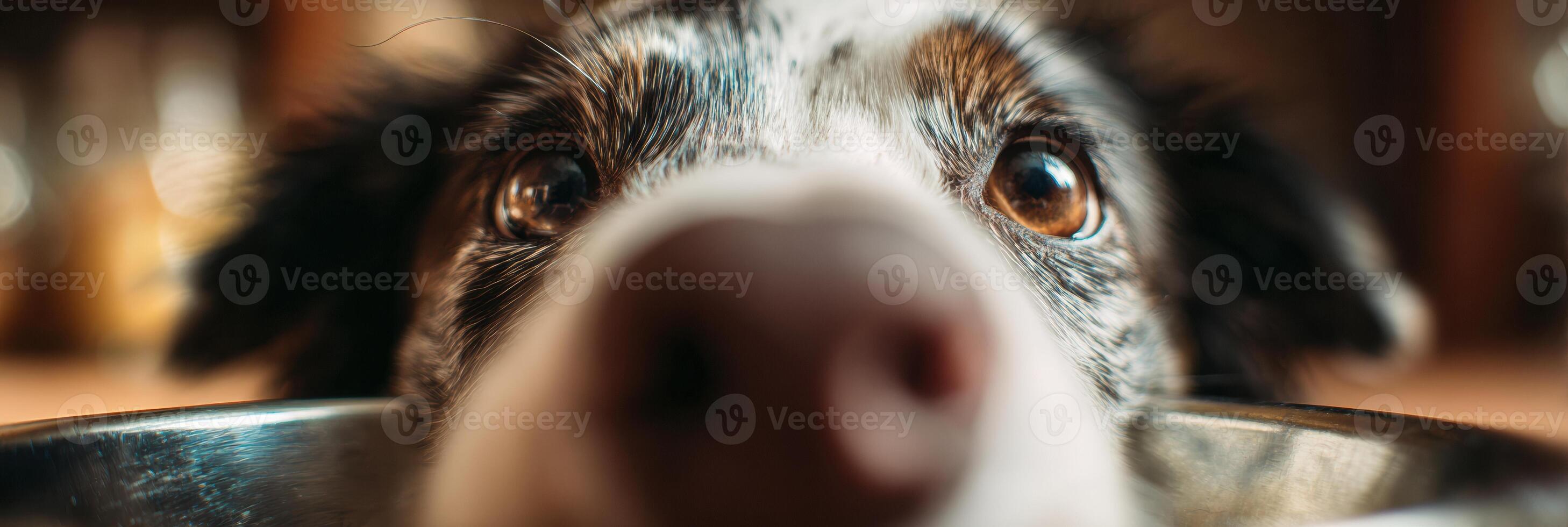 Zoomed-in Dog Snout Eagerly Reaching Food Bowl With Blurred Background Highlighting Pets Expression and Excitement photo