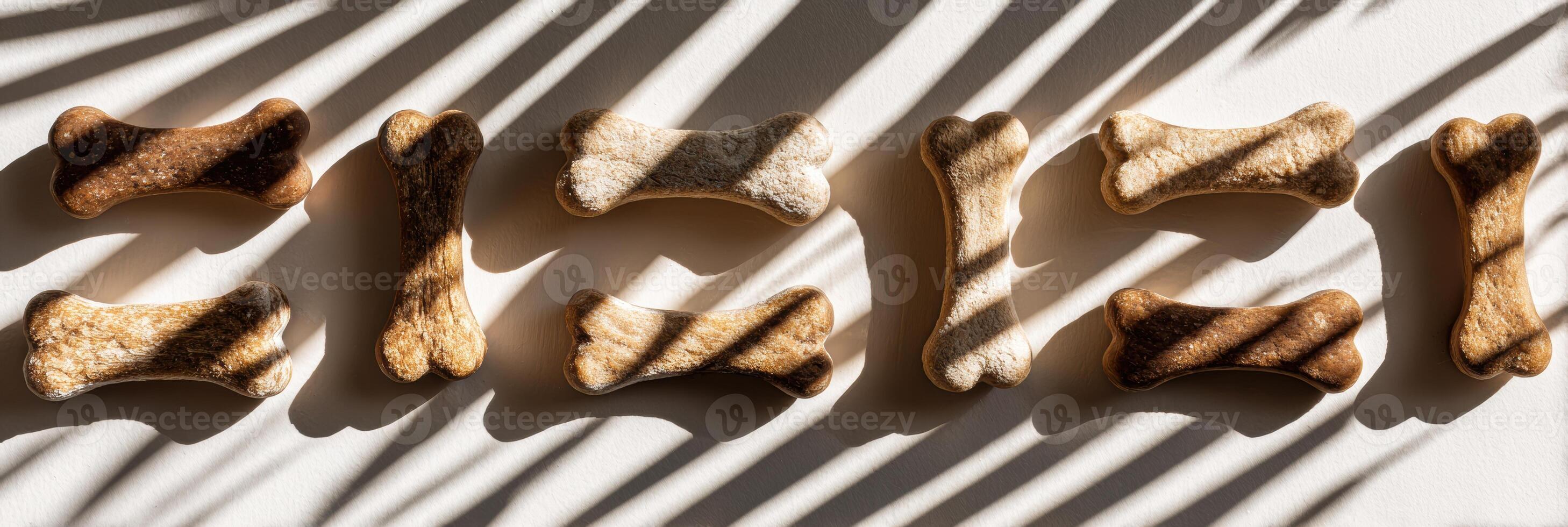 Delicious Dog Bone Treats Arranged in Natural Sunlight With Playful Shadows Cast Across the Surface photo