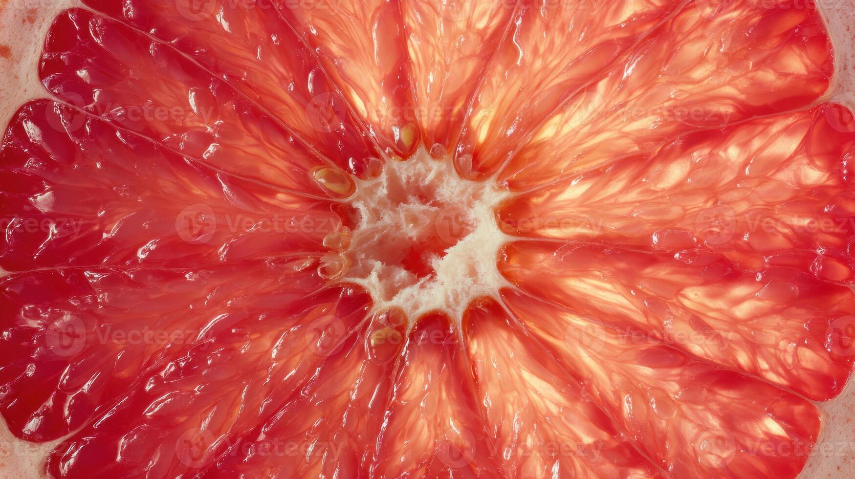 Grapefruit Slice Reveals Vibrant Sunburst Pattern, Showcasing Juicy Segments and Unique Texture in Abstract Form photo