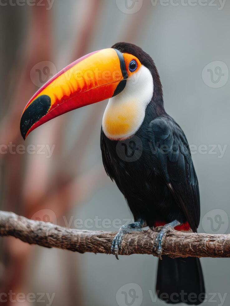 Vivid Beak of Toco Toucan Perched on Branch Amidst Blurred Natural Background Highlighting Its Unique Features and Vibrant Colors photo