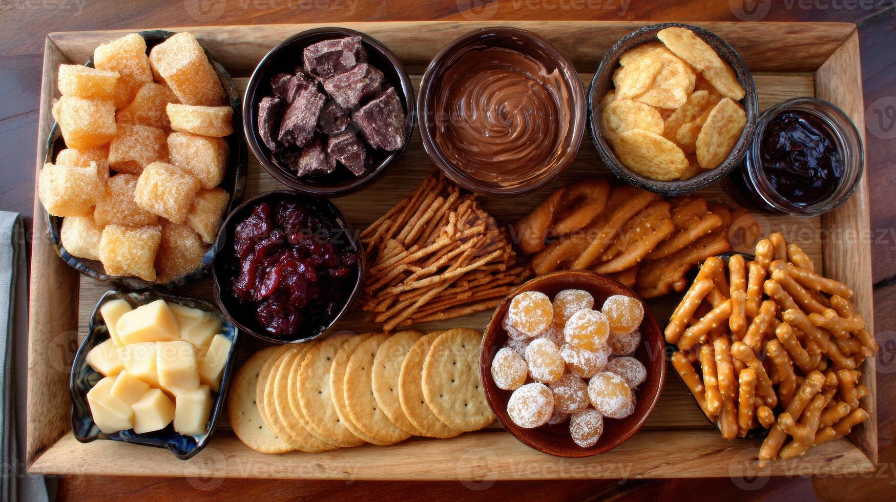 Delightful Snack Time Setup Featuring a Variety of Sweet and Savory Treats Arranged Beautifully on a Wooden Platter for Sharing photo