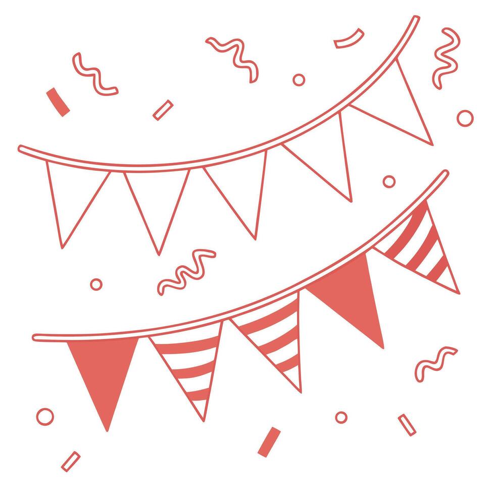 Hand drawn bunting flags and confetti celebration illustration vector
