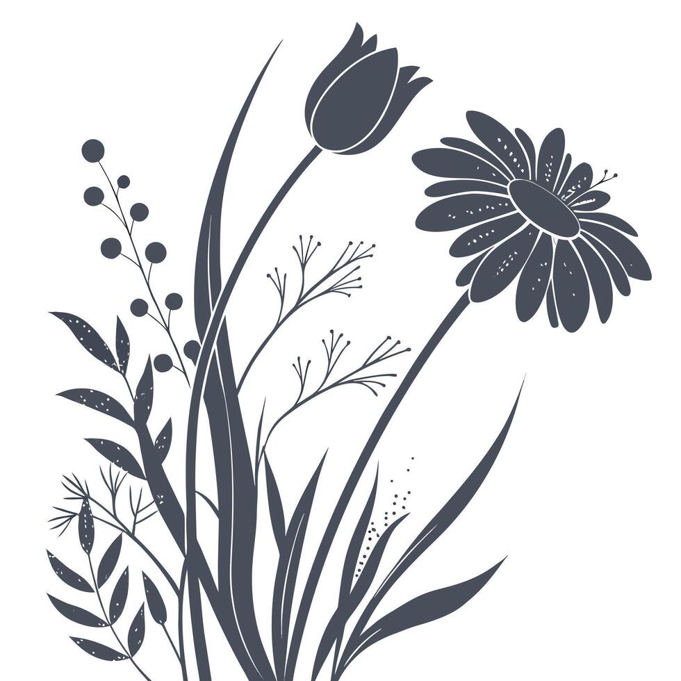 Dark silhouette of a tulip and daisy with delicate greenery vector