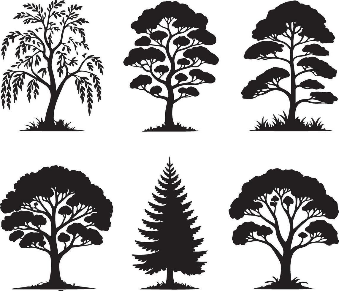 Six distinct silhouette trees in black and white vector