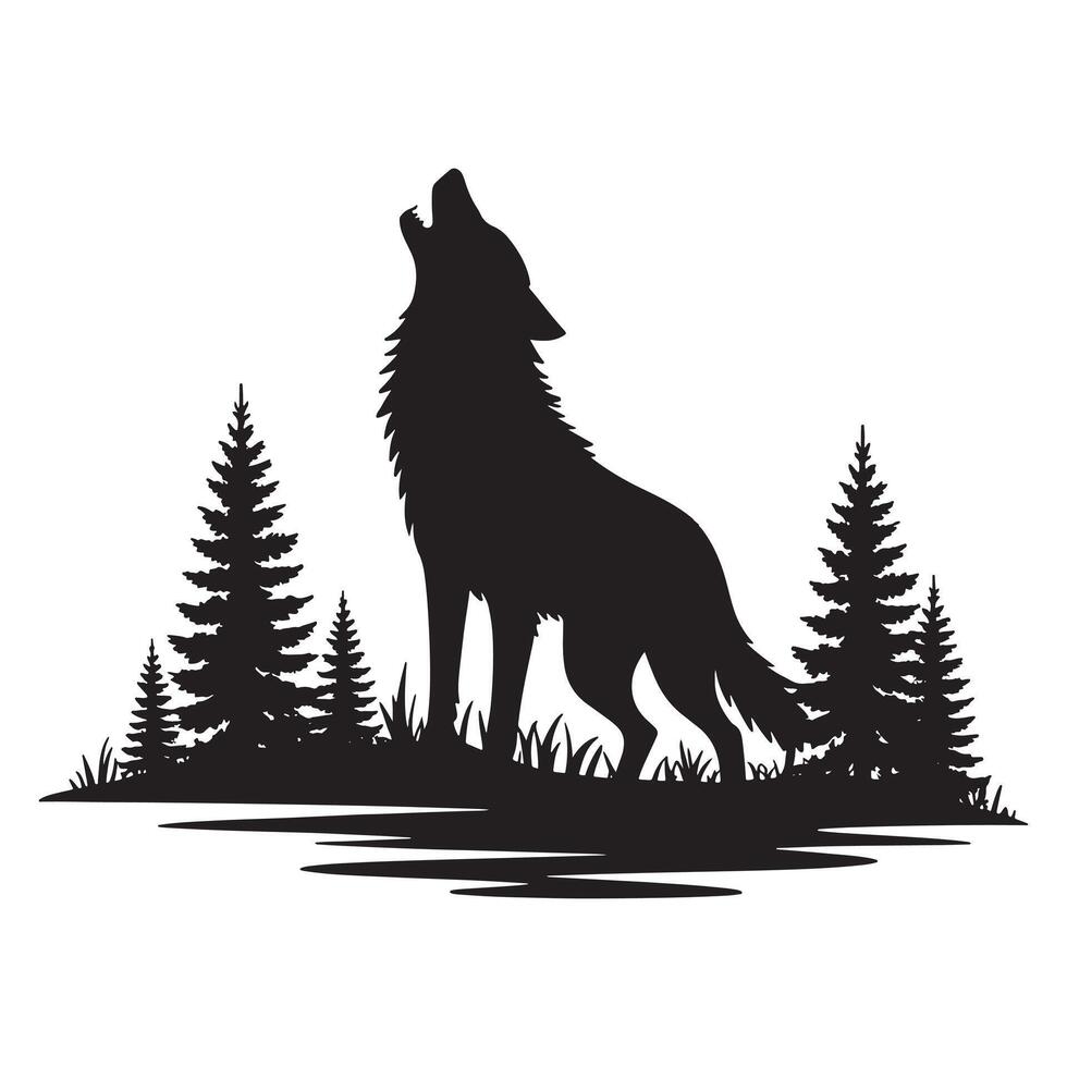 Black silhouette of a wolf howling among pine trees and grass black and white vector