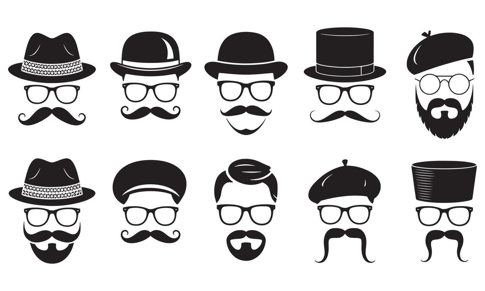 Vintage Hipster Faces with Hats, Glasses, and Mustaches Silhouette Set vector