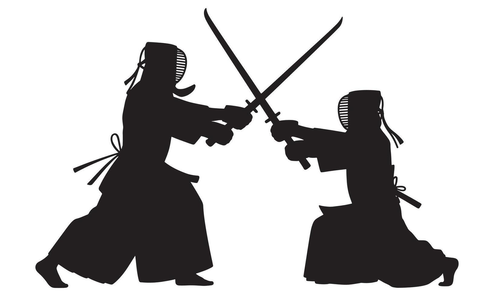 Two Kendo Fighters Silhouetted Battling with Bamboo Swords martial arts sword fighting vector