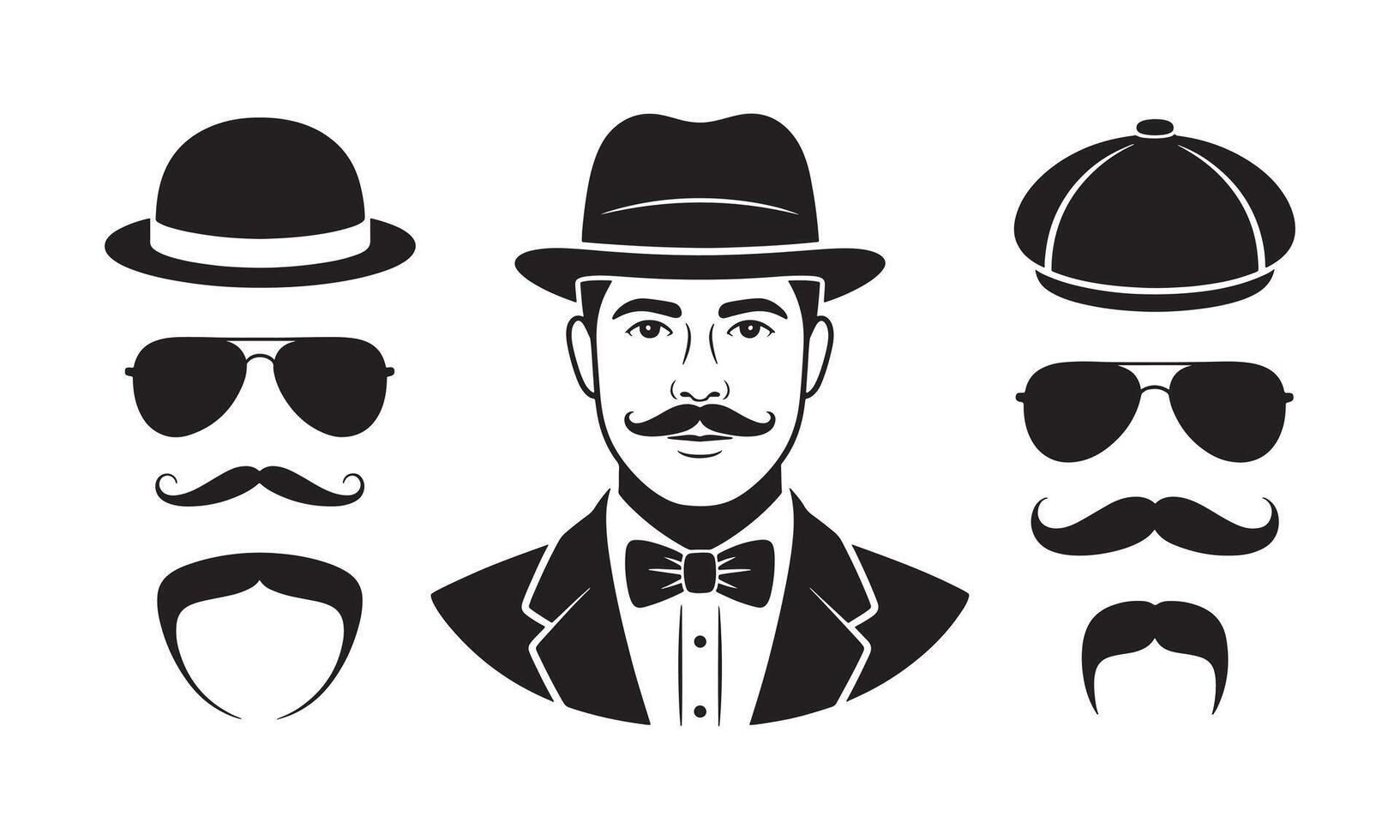 Black silhouette gentleman portrait with hats sunglasses mustaches and bow tie white vector
