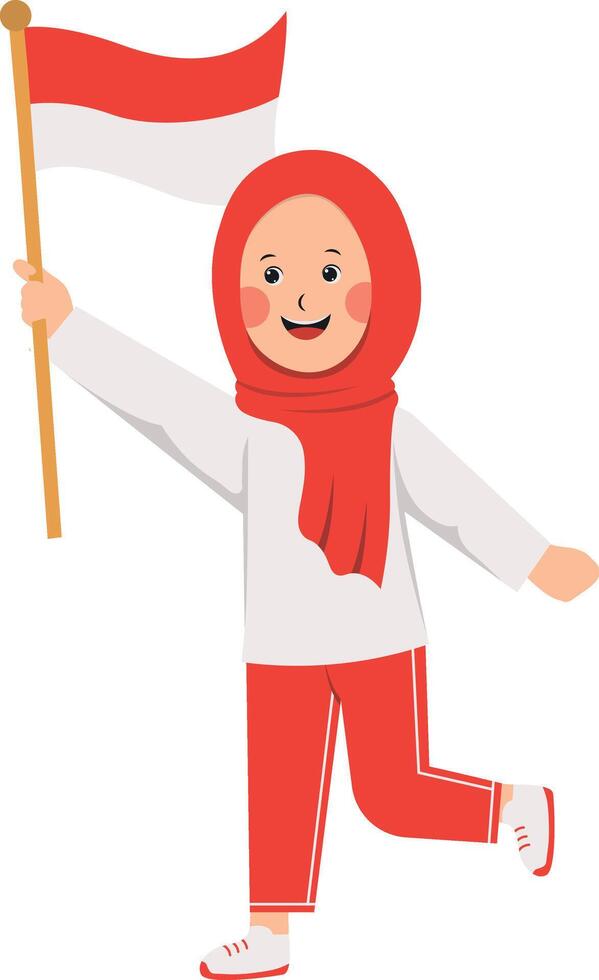 Illustration of Cute Girl Holding Indonesian Flag. vector