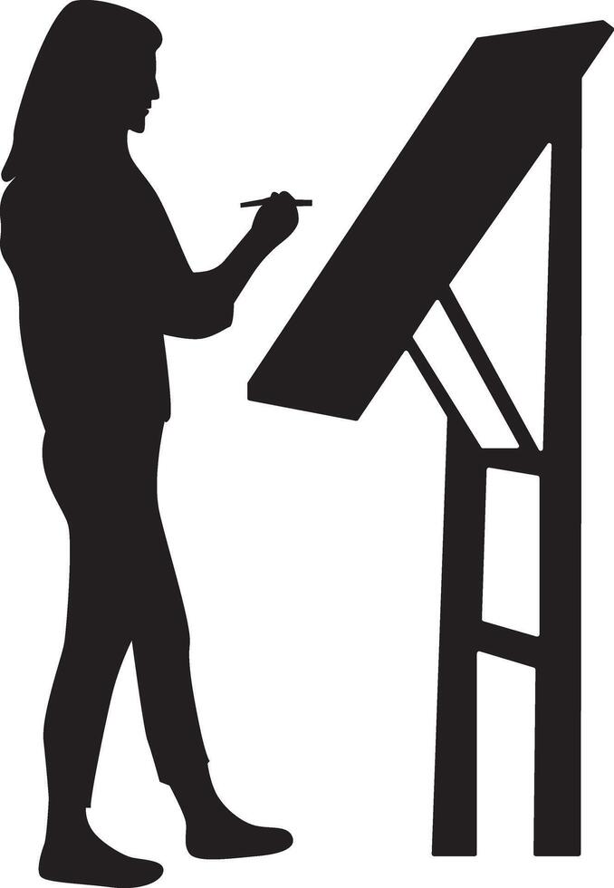 Silhouette of Woman Painting at Easel. Flat Illustration vector