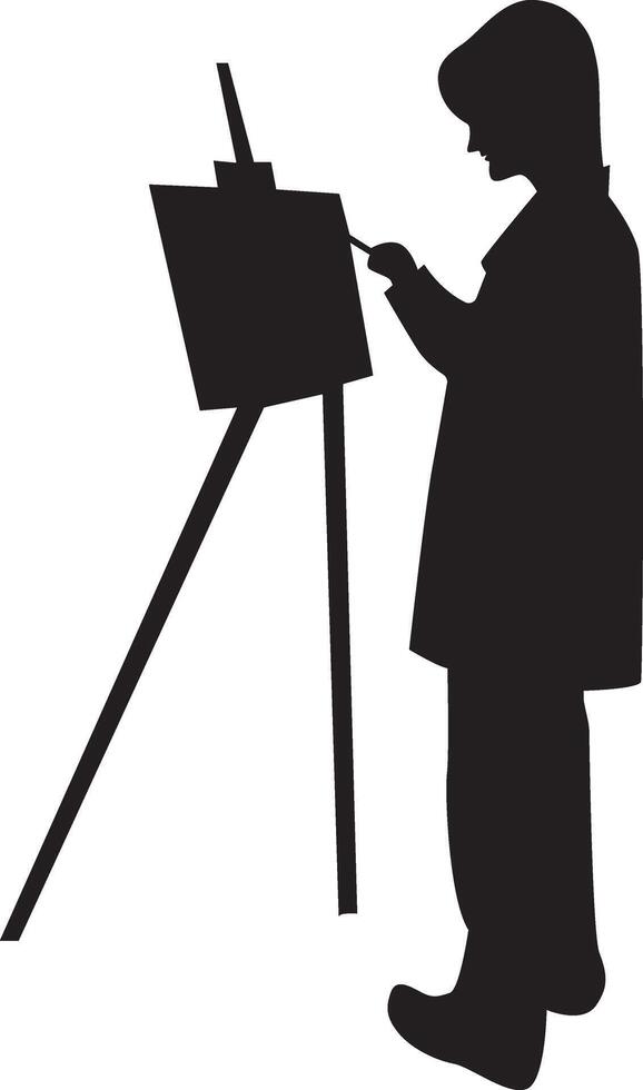 Silhouette of Girl Painting at Canvas. vector