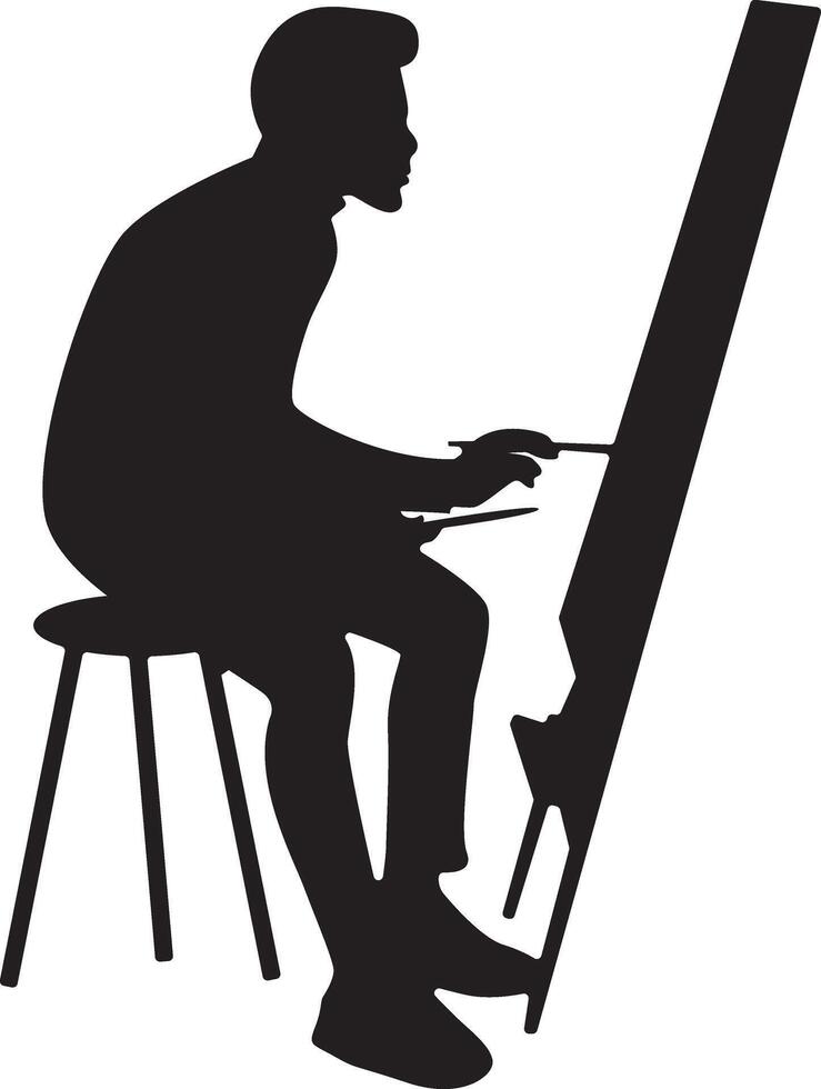 Silhouette of Male Painting at Easel. Isolated on White Background. vector