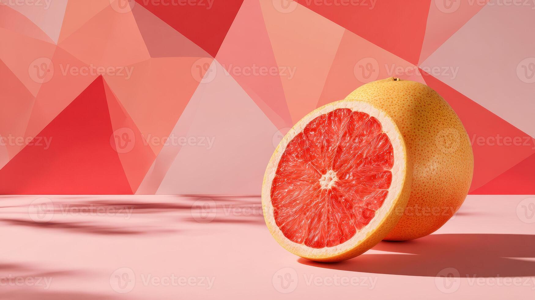 Vibrant Grapefruit Half Placed Against a Geometric Pink Background With Soft Shadows Showcasing a Modern Aesthetic photo