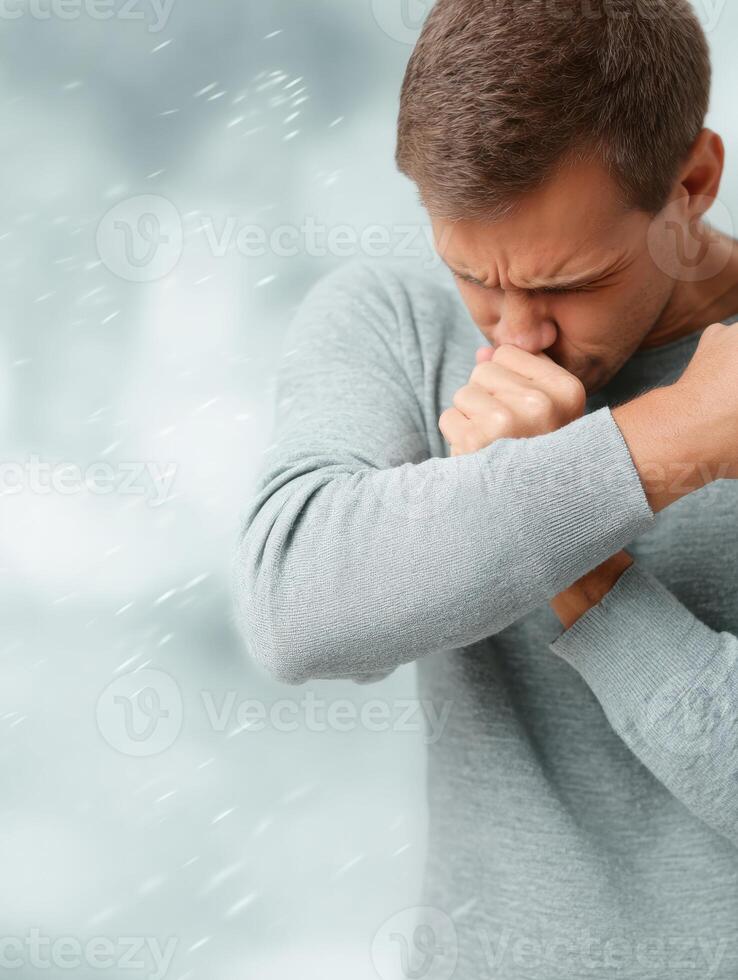 Male Figure Sneezing Into Elbow With Blurred White Background During Daytime Health Awareness Moment photo