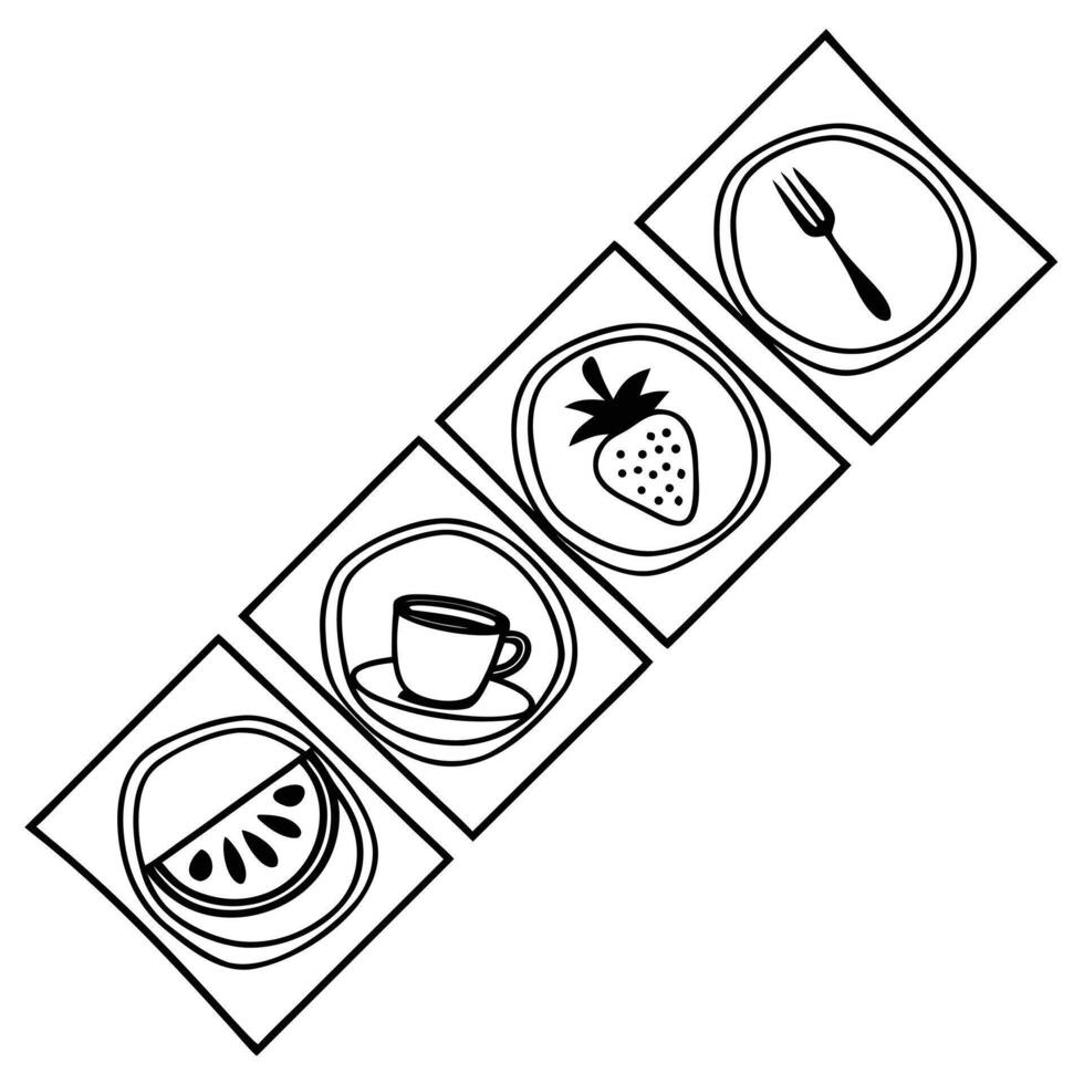 Hand drawn food and drink icons on square plates vector