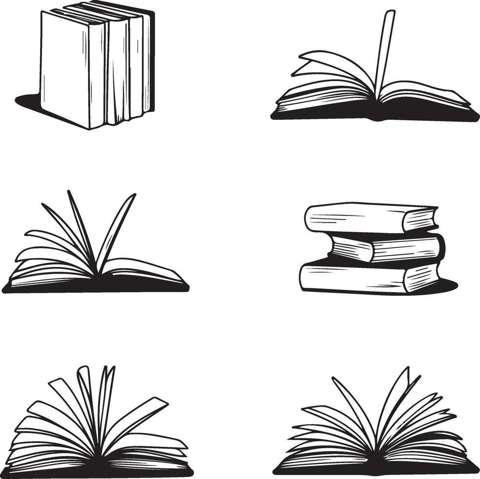 Set of Hand-Drawn Book Stack and Open Book Icons with Classic and Quill Elements vector