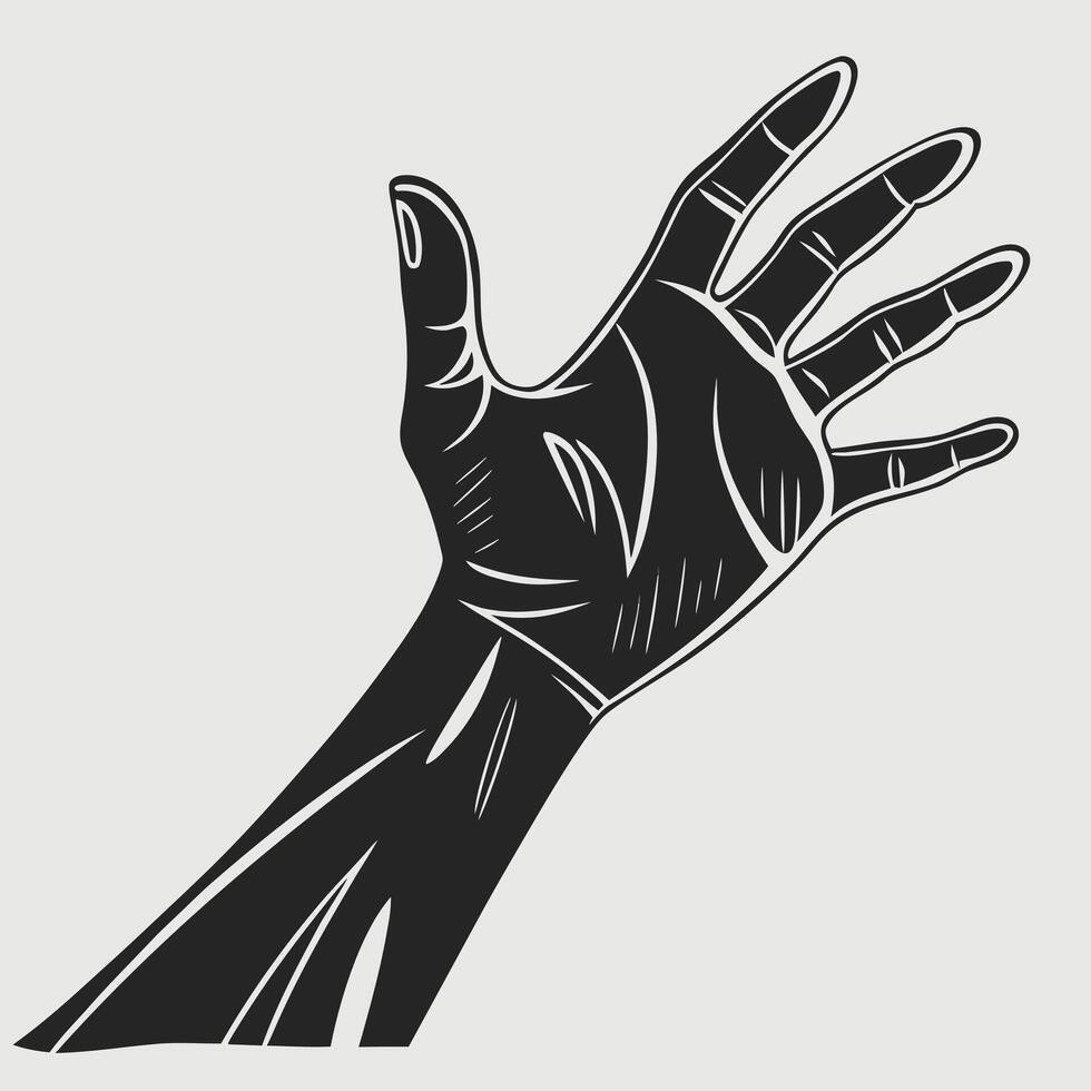 Black and white illustration of an outstretched hand reaching upwards vector