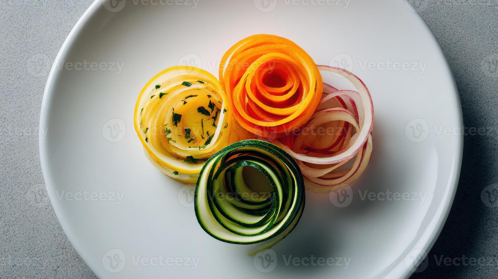 Colorful Veggie Spirals Create a Vibrant Dish Served on a Clean White Plate With Minimal Presentation photo