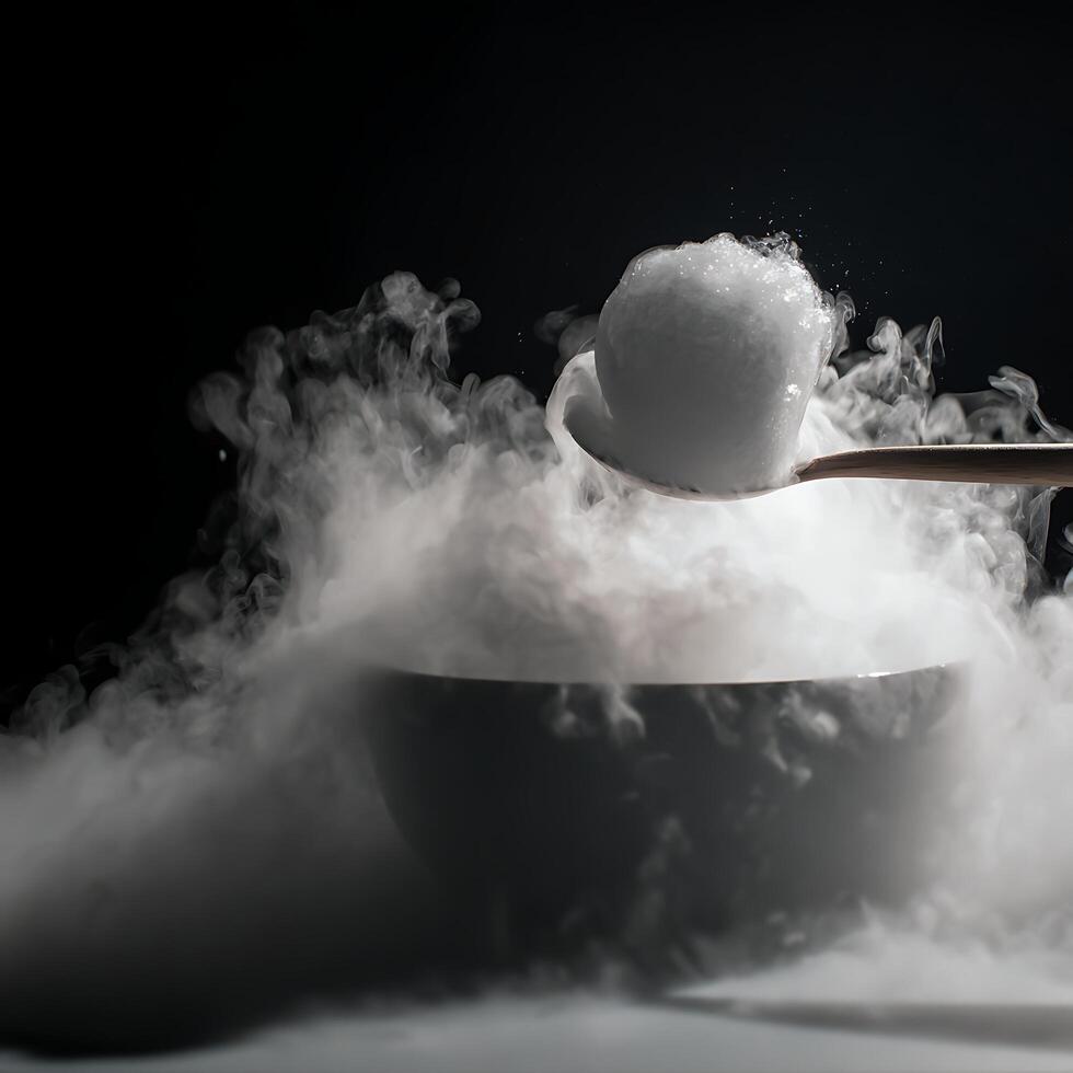 Dry Ice Smoke Effect In A Bowl With Spoon Holding Ice Ball. photo