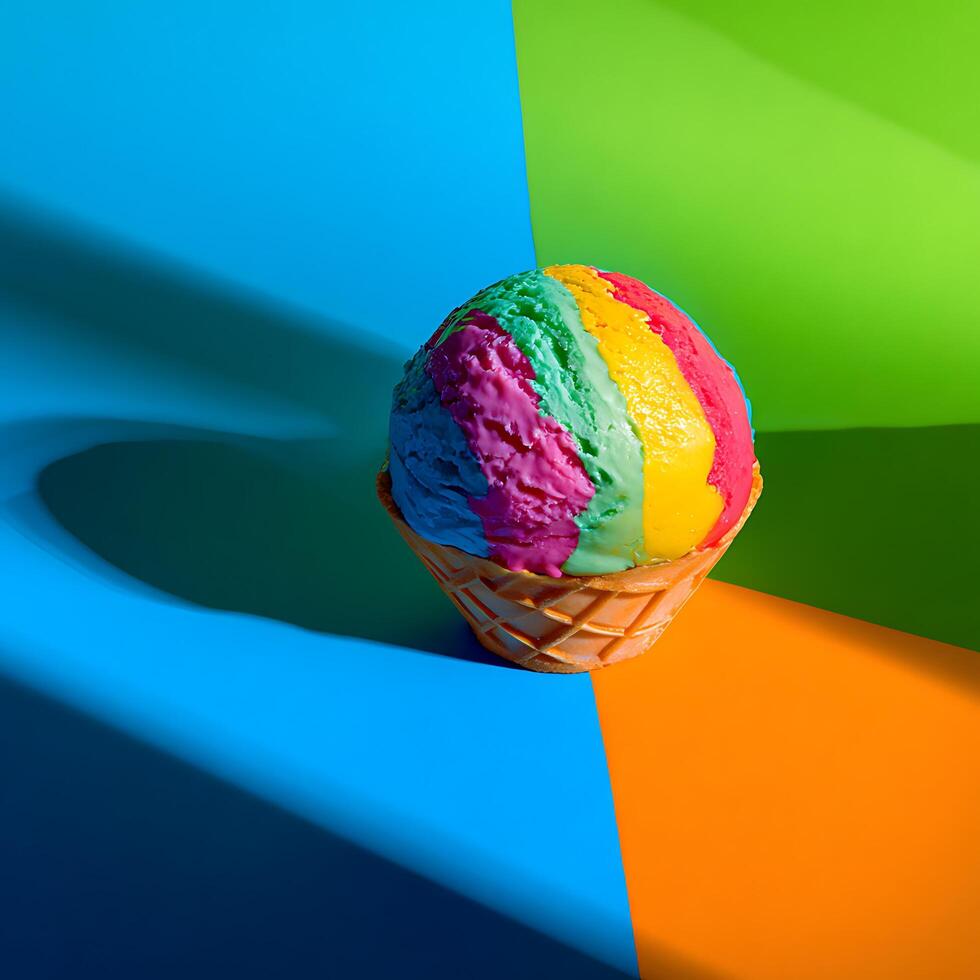 Colorful Ice Cream Cone on a Vibrant Geometric Background. photo
