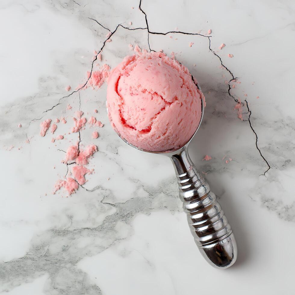 Pink ice cream scoop on marble with scattered crumbs. photo