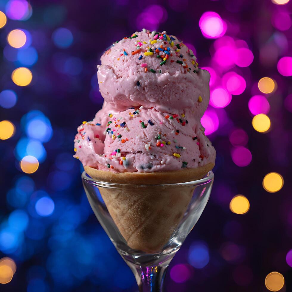 Double Scoop Strawberry Ice Cream With Rainbow Sprinkles In A Cone. photo
